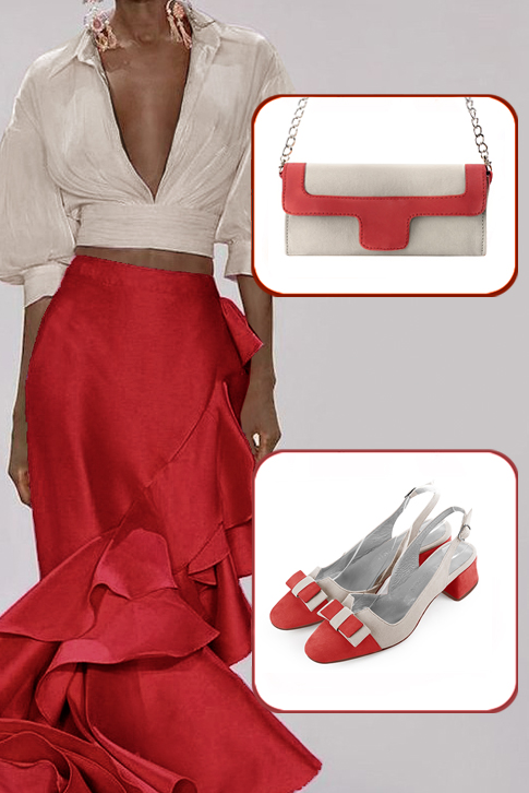 Women's scarlet red and gold elegant slingback heels, with a bow on the front. Round toe. Low flare heels - Worn view